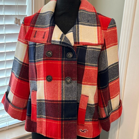 HOLLISTER PLAID DOUBLE BREASTED 3/4 SLEEVE PEACOAT - Picture 2 of 15